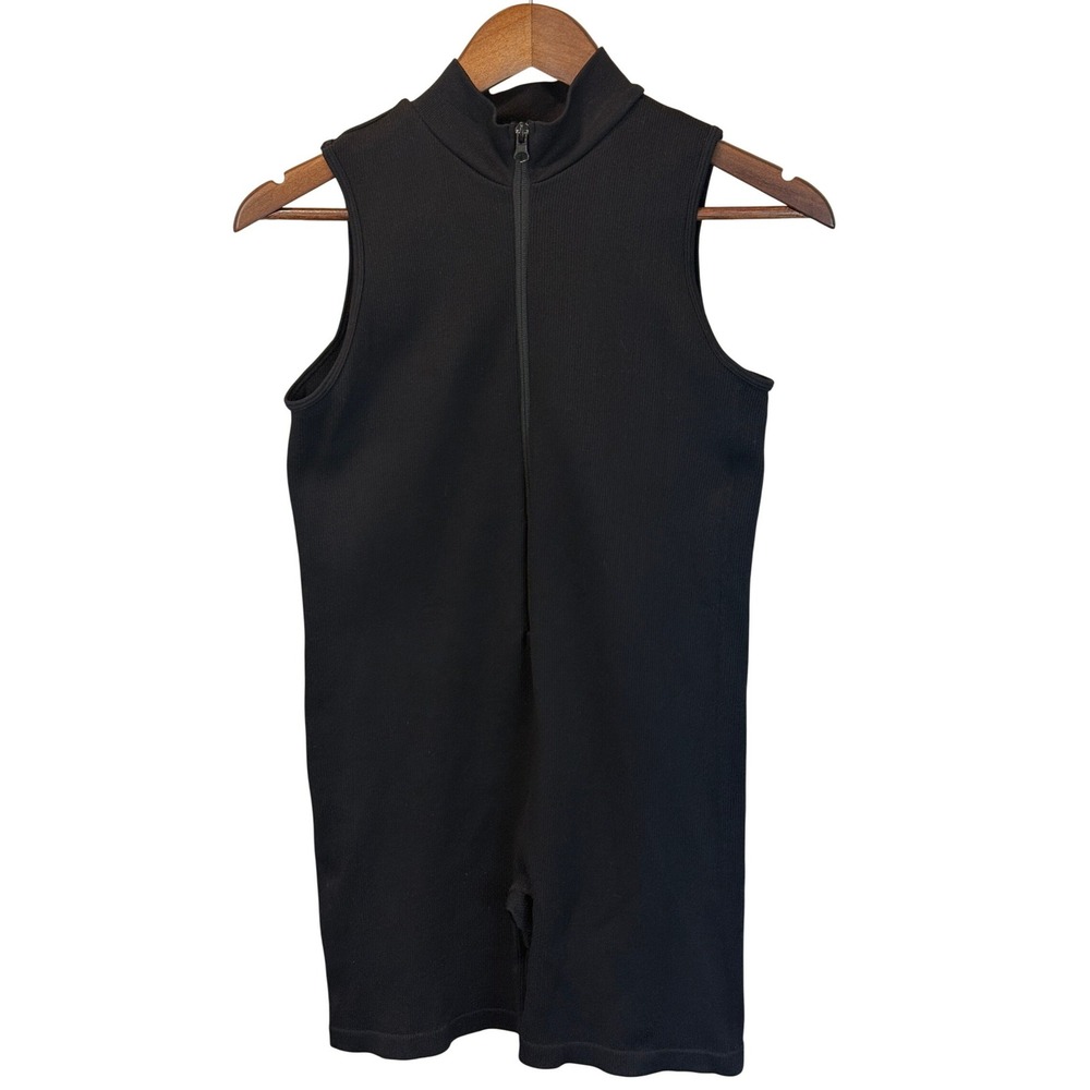 Forever 21 Black Ribbed Stretch Mock Neck Short Bodysuit Zip Up Sz 1X Sleeveless